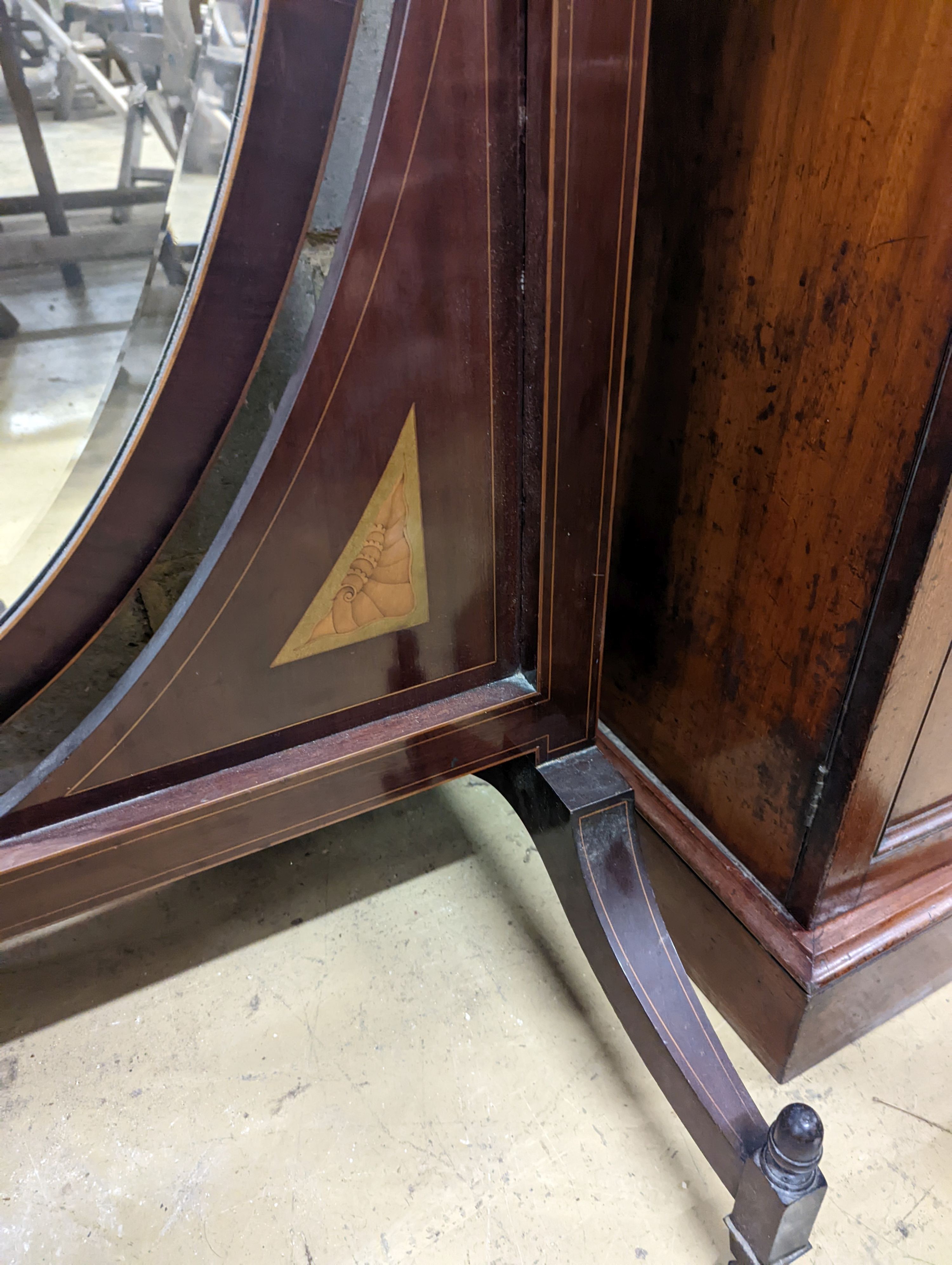 An Edwardian inlaid mahogany cheval mirror with shield shape plate, width 75cm, height 177cm